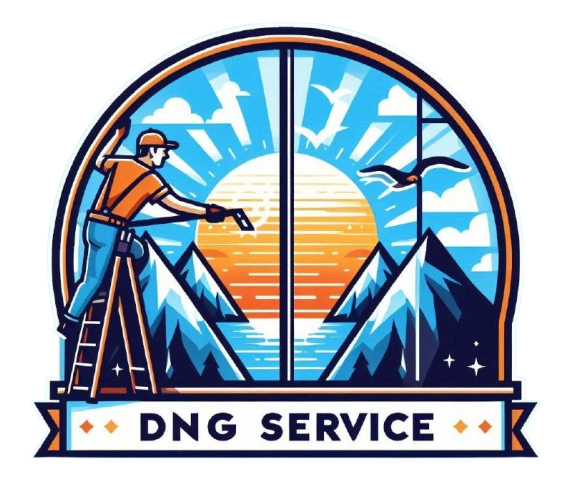 Logo showing a person on a ladder cleaning a window, set against a backdrop of mountains and a sunset, labeled DNG SERVICE.