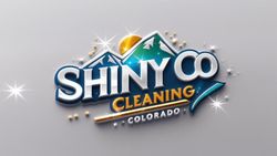 Logo for Shiny Co Cleaning Colorado, featuring stylized mountains, a golden sun, and sparkly effects on a grey background.